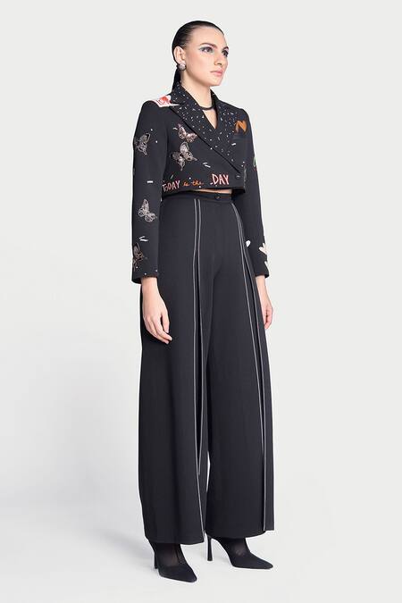 Buy Shahin Mannan Black Crepe Embroidery Dream Cropped Blazer With Pleated Pant Online at Aza Fashions Buy_Shahin Mannan_Black Crepe Embroidery Dream Cropped Blazer With Pleated Pant _Online_at_Aza_Fashions