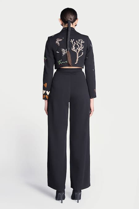 Shop Shahin Mannan Black Crepe Embroidery Dream Cropped Blazer at Aza Fashions Shop_Shahin Mannan_Black Crepe Embroidery Dream Cropped Blazer _at_Aza_Fashions