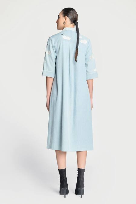 Shop Shahin Mannan Blue Denim Embroidery Collared Clouds Hand Dress at Aza Fashions Shop_Shahin Mannan_Blue Denim Embroidery Collared Clouds Hand Dress _at_Aza_Fashions