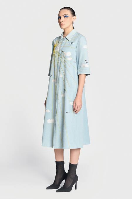 Shahin Mannan Blue Denim Embroidery Collared Clouds Hand Dress Online at Aza Fashions Shahin Mannan_Blue Denim Embroidery Collared Clouds Hand Dress _Online_at_Aza_Fashions
