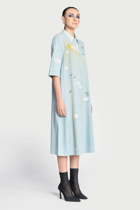 Buy Shahin Mannan Blue Denim Embroidery Collared Clouds Hand Dress Online at Aza Fashions Buy_Shahin Mannan_Blue Denim Embroidery Collared Clouds Hand Dress _Online_at_Aza_Fashions