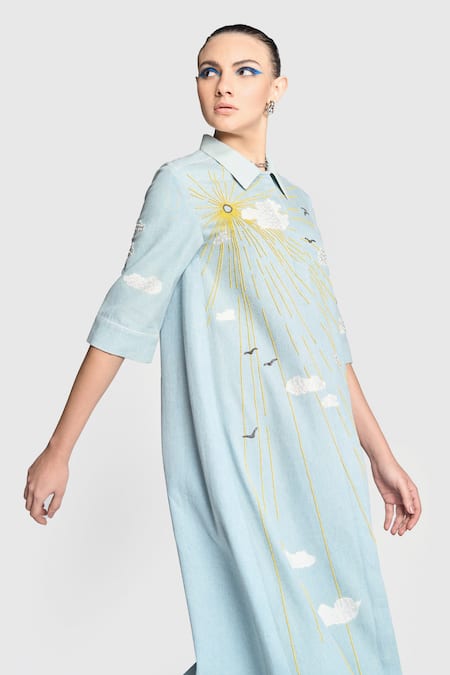 Shop Shahin Mannan Blue Denim Embroidery Collared Clouds Hand Dress Online at Aza Fashions Shop_Shahin Mannan_Blue Denim Embroidery Collared Clouds Hand Dress _Online_at_Aza_Fashions