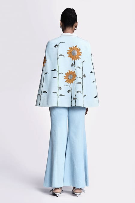 Shop Shahin Mannan Blue Denim Sunflower Embroidered Cape With Pant at Aza Fashions Shop_Shahin Mannan_Blue Denim Sunflower Embroidered Cape With Pant _at_Aza_Fashions