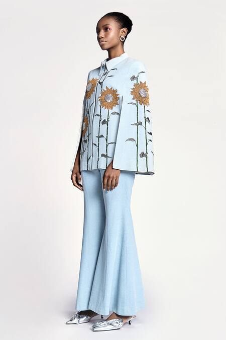Shahin Mannan Blue Denim Sunflower Embroidered Cape With Pant Online at Aza Fashions Shahin Mannan_Blue Denim Sunflower Embroidered Cape With Pant _Online_at_Aza_Fashions