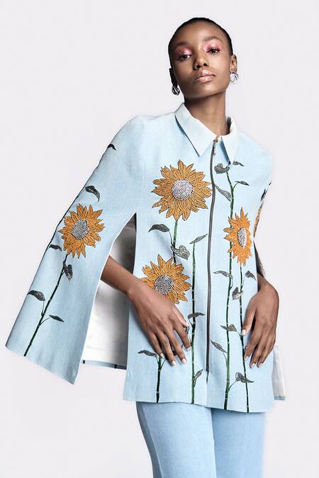 Buy Shahin Mannan Blue Denim Sunflower Embroidered Cape With Pant Online at Aza Fashions Buy_Shahin Mannan_Blue Denim Sunflower Embroidered Cape With Pant _Online_at_Aza_Fashions
