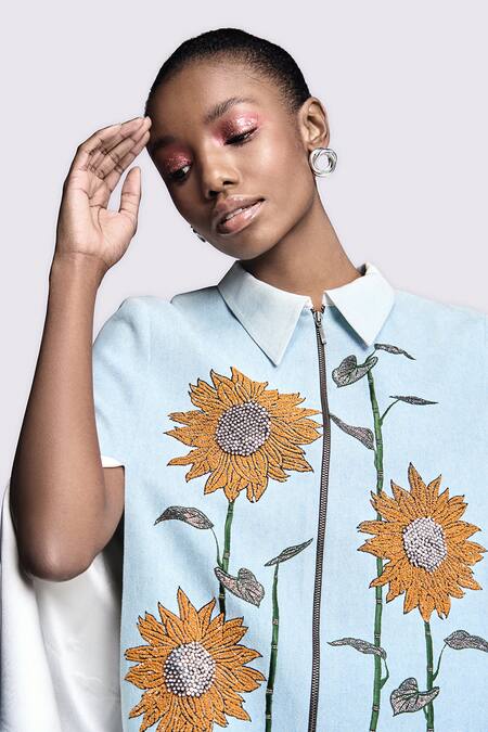 Shop Shahin Mannan Blue Denim Sunflower Embroidered Cape With Pant Online at Aza Fashions Shop_Shahin Mannan_Blue Denim Sunflower Embroidered Cape With Pant _Online_at_Aza_Fashions