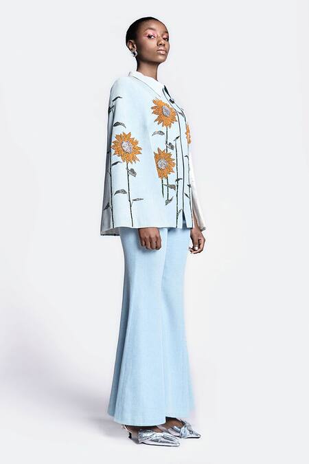 Buy_Shahin Mannan_Blue Sunflower Embroidered Cape _Online_at_Aza_Fashions