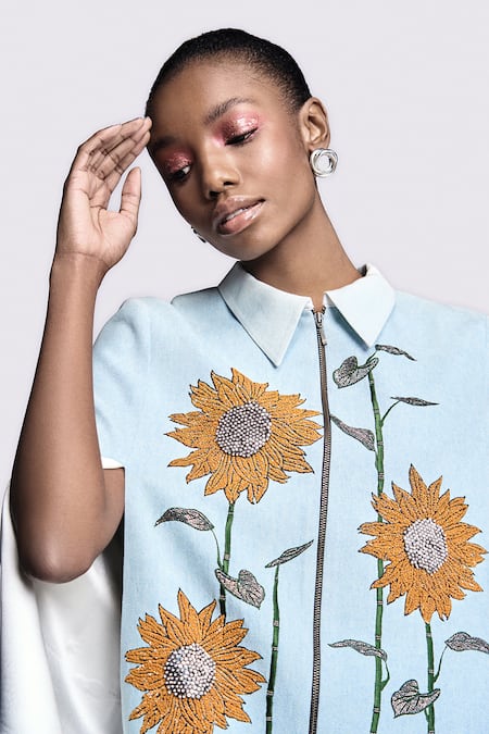 Shop_Shahin Mannan_Blue Sunflower Embroidered Cape _Online_at_Aza_Fashions