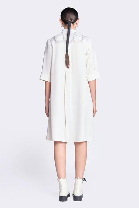 Shop Shahin Mannan Ivory Crepe Embroidery Collared Distorted Chequered Dress at Aza Fashions Shop_Shahin Mannan_Ivory Crepe Embroidery Collared Distorted Chequered Dress _at_Aza_Fashions