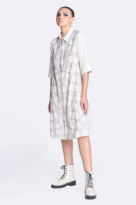 Shahin Mannan Ivory Crepe Embroidery Collared Distorted Chequered Dress Online at Aza Fashions Shahin Mannan_Ivory Crepe Embroidery Collared Distorted Chequered Dress _Online_at_Aza_Fashions
