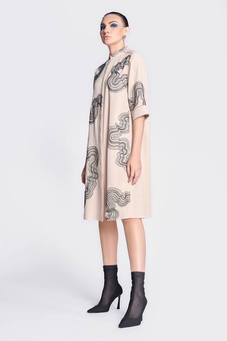 Shahin Mannan_Beige Crepe Embroidery Collared Waves Dress _Online_at_Aza_Fashions
