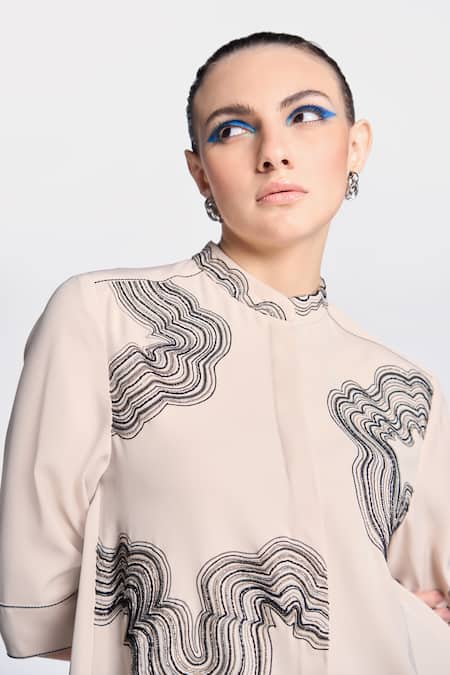 Buy_Shahin Mannan_Beige Crepe Embroidery Collared Waves Dress _Online_at_Aza_Fashions