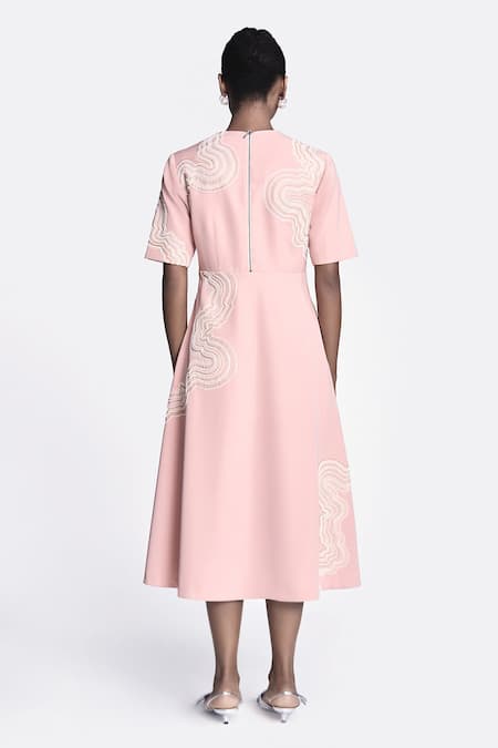 Shop Shahin Mannan Pink Crepe Embroidery Round Neck Waves Midi Dress at Aza Fashions Shop_Shahin Mannan_Pink Crepe Embroidery Round Neck Waves Midi Dress _at_Aza_Fashions