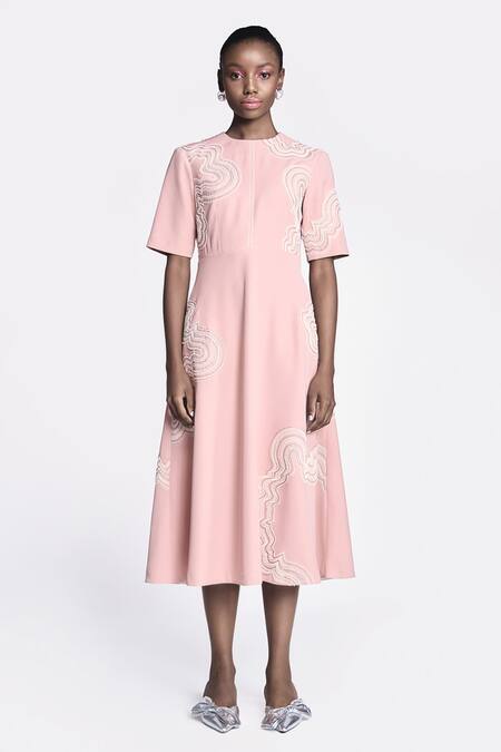 Shahin Mannan Pink Crepe Embroidery Round Neck Waves Midi Dress Online at Aza Fashions Shahin Mannan_Pink Crepe Embroidery Round Neck Waves Midi Dress _Online_at_Aza_Fashions