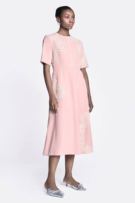 Buy Shahin Mannan Pink Crepe Embroidery Round Neck Waves Midi Dress Online at Aza Fashions Buy_Shahin Mannan_Pink Crepe Embroidery Round Neck Waves Midi Dress _Online_at_Aza_Fashions