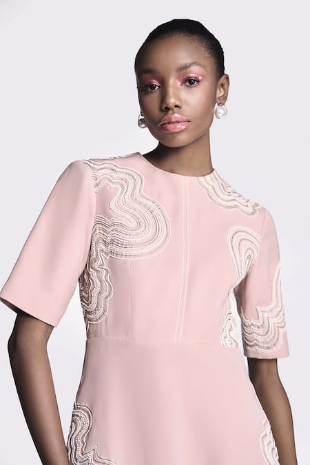Shop Shahin Mannan Pink Crepe Embroidery Round Neck Waves Midi Dress Online at Aza Fashions Shop_Shahin Mannan_Pink Crepe Embroidery Round Neck Waves Midi Dress _Online_at_Aza_Fashions
