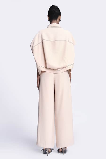 Shop Shahin Mannan Beige Crepe Embroidery Collared Abstract Rose Shirt With Pant at Aza Fashions Shop_Shahin Mannan_Beige Crepe Embroidery Collared Abstract Rose Shirt With Pant _at_Aza_Fashions