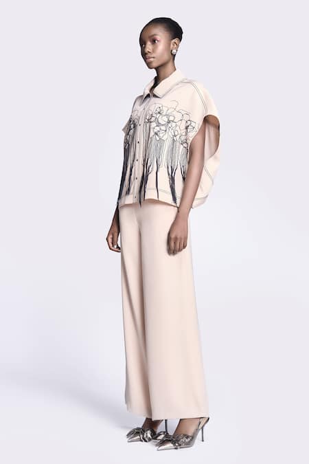Buy Shahin Mannan Beige Crepe Embroidery Collared Abstract Rose Shirt Online at Aza Fashions Buy_Shahin Mannan_Beige Crepe Embroidery Collared Abstract Rose Shirt _Online_at_Aza_Fashions