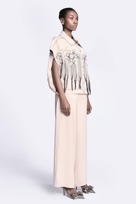 Shop Shahin Mannan Beige Crepe Embroidery Collared Abstract Rose Shirt Online at Aza Fashions Shop_Shahin Mannan_Beige Crepe Embroidery Collared Abstract Rose Shirt _Online_at_Aza_Fashions