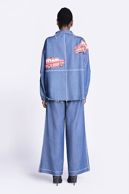 Shop Shahin Mannan Blue Denim Embroidery Collared Taxi Applique Jacket at Aza Fashions Shop_Shahin Mannan_Blue Denim Embroidery Collared Taxi Applique Jacket _at_Aza_Fashions