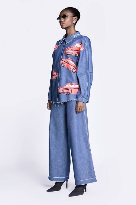 Shahin Mannan Blue Denim Embroidery Collared Taxi Applique Jacket Online at Aza Fashions Shahin Mannan_Blue Denim Embroidery Collared Taxi Applique Jacket _Online_at_Aza_Fashions