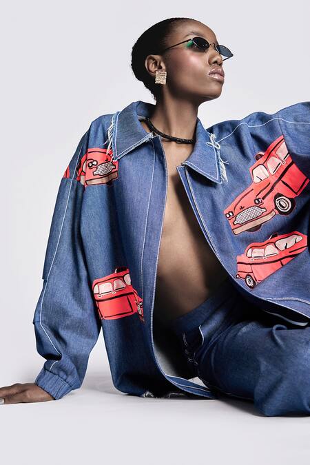 Shop Shahin Mannan Blue Denim Embroidery Collared Taxi Applique Jacket Online at Aza Fashions Shop_Shahin Mannan_Blue Denim Embroidery Collared Taxi Applique Jacket _Online_at_Aza_Fashions