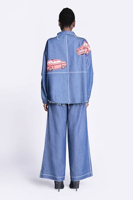 Shop Shahin Mannan Blue Denim Flared Pant at Aza Fashions Shop_Shahin Mannan_Blue Denim Flared Pant _at_Aza_Fashions