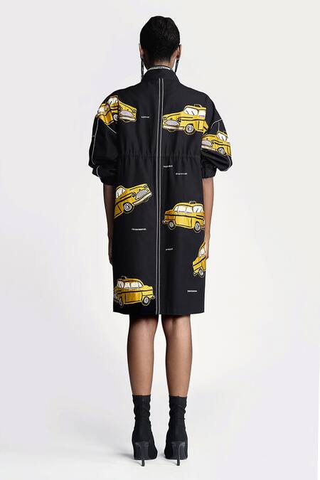 Shop Shahin Mannan Black Gabardine Embroidery Bandeau Neck Taxi Applique Parka Dress at Aza Fashions Shop_Shahin Mannan_Black Gabardine Embroidery Bandeau Neck Taxi Applique Parka Dress _at_Aza_Fashions