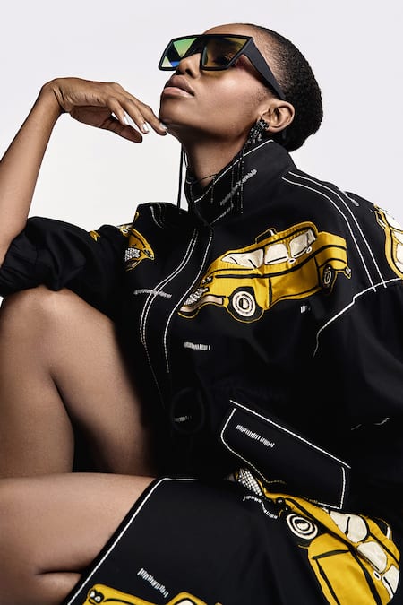 Buy Shahin Mannan Black Gabardine Embroidery Bandeau Neck Taxi Applique Parka Dress Buy_Shahin Mannan_Black Gabardine Embroidery Bandeau Neck Taxi Applique Parka Dress