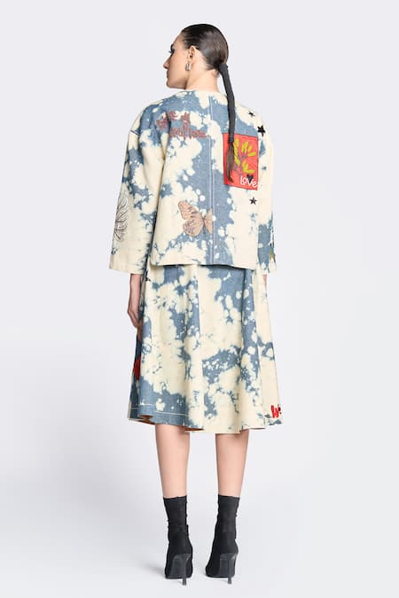 Shop Shahin Mannan Blue Denim Embroidery, Sequins, Cut Fish Patchwork Jacket And Circular Skirt Set at Aza Fashions Shop_Shahin Mannan_Blue Denim Embroidery, Sequins, Cut Fish Patchwork Jacket And Circular Skirt Set _at_Aza_Fashions