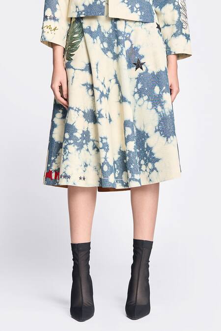 Shahin Mannan Blue Denim Embroidery, Sequins, Cut Fish Patchwork Jacket And Circular Skirt Set Online at Aza Fashions Shahin Mannan_Blue Denim Embroidery, Sequins, Cut Fish Patchwork Jacket And Circular Skirt Set _Online_at_Aza_Fashions