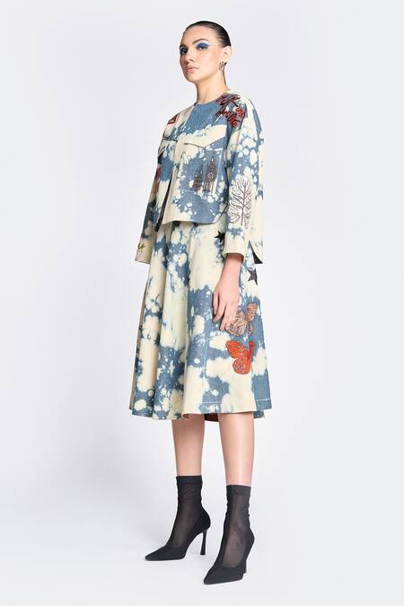 Buy Shahin Mannan Blue Denim Embroidery, Sequins, Cut Fish Patchwork Jacket And Circular Skirt Set Online at Aza Fashions Buy_Shahin Mannan_Blue Denim Embroidery, Sequins, Cut Fish Patchwork Jacket And Circular Skirt Set _Online_at_Aza_Fashions