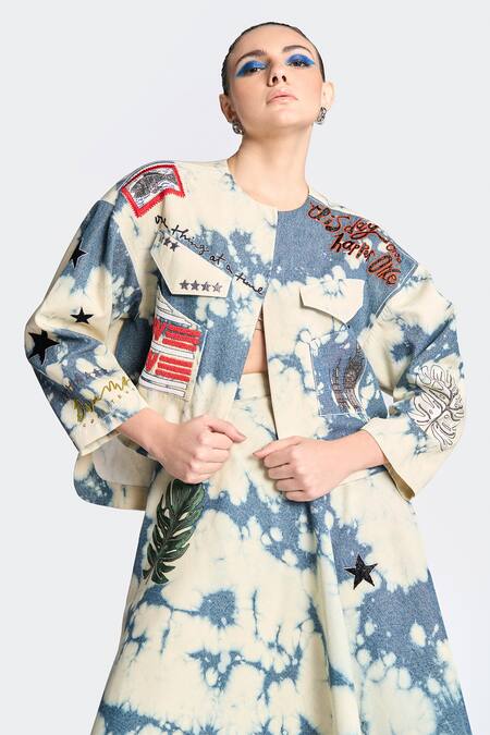 Shahin Mannan Blue Denim Embroidery, Sequins, Cut Fish Patchwork Jacket And Circular Skirt Set at Aza Fashions Shahin Mannan_Blue Denim Embroidery, Sequins, Cut Fish Patchwork Jacket And Circular Skirt Set _at_Aza_Fashions
