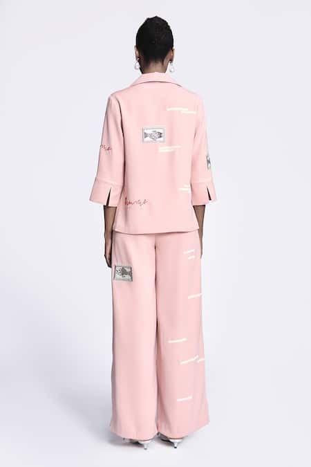 Shop Shahin Mannan Pink Crepe Embroidery Collared Fish Shirt And Pant Set at Aza Fashions Shop_Shahin Mannan_Pink Crepe Embroidery Collared Fish Shirt And Pant Set _at_Aza_Fashions