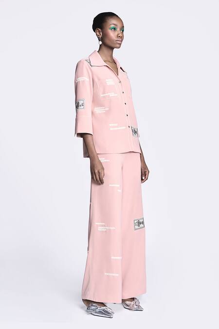 Shop Shahin Mannan Pink Crepe Embroidery Collared Fish Shirt And Pant Set Online at Aza Fashions Shop_Shahin Mannan_Pink Crepe Embroidery Collared Fish Shirt And Pant Set _Online_at_Aza_Fashions