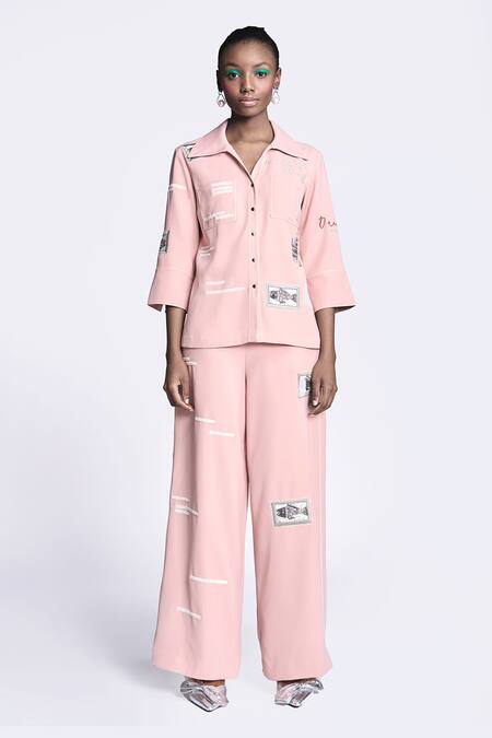 Shahin Mannan_Pink Crepe Embroidery Collared Fish Shirt _Online_at_Aza_Fashions