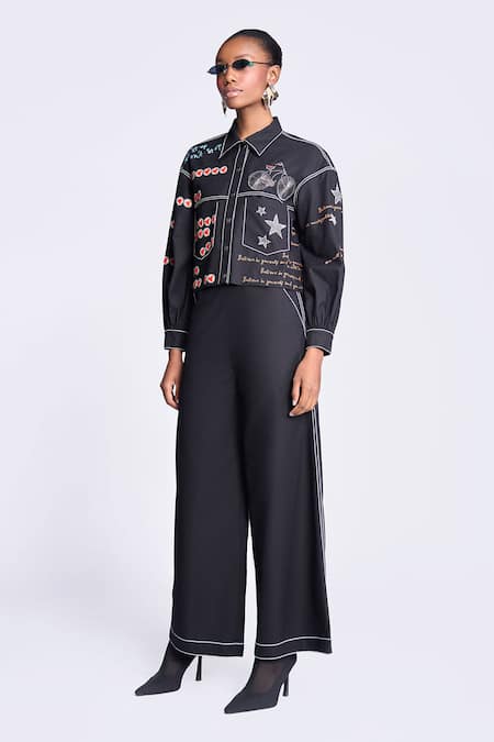 Shop Shahin Mannan Black Gabardine Embroidery Stitch Flared Pant at Aza Fashions Shop_Shahin Mannan_Black Gabardine Embroidery Stitch Flared Pant _at_Aza_Fashions