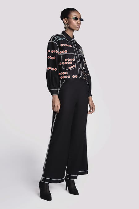 Shahin Mannan Black Gabardine Embroidery Stitch Flared Pant Online at Aza Fashions Shahin Mannan_Black Gabardine Embroidery Stitch Flared Pant _Online_at_Aza_Fashions