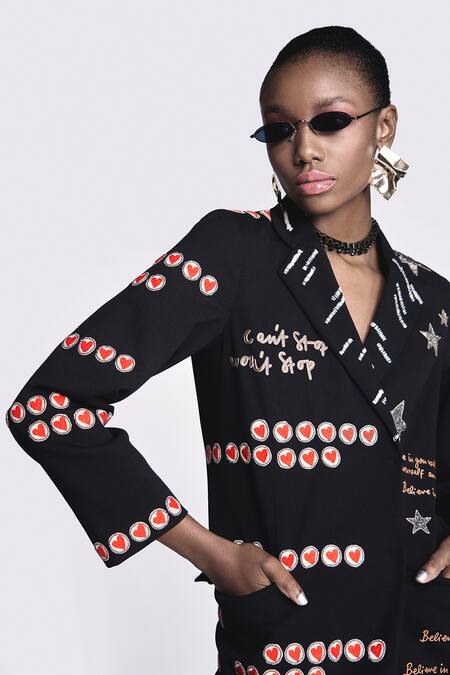 Shop Shahin Mannan Black Crepe Embroidery Collared Double Breast Coat Dress Online at Aza Fashions Shop_Shahin Mannan_Black Crepe Embroidery Collared Double Breast Coat Dress _Online_at_Aza_Fashions