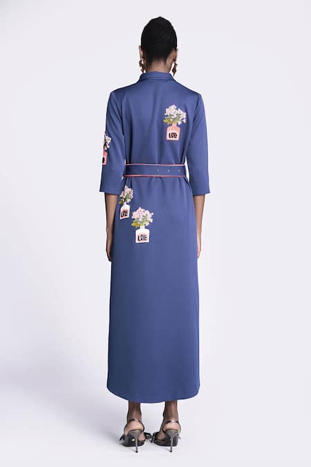 Shop Shahin Mannan Blue Crepe Embroidery Collared Inkpot Long Shirt Dress at Aza Fashions Shop_Shahin Mannan_Blue Crepe Embroidery Collared Inkpot Long Shirt Dress _at_Aza_Fashions