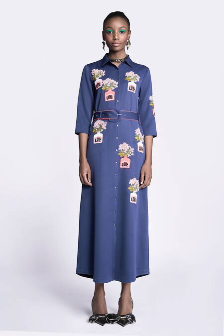 Shahin Mannan Blue Crepe Embroidery Collared Inkpot Long Shirt Dress Online at Aza Fashions Shahin Mannan_Blue Crepe Embroidery Collared Inkpot Long Shirt Dress _Online_at_Aza_Fashions