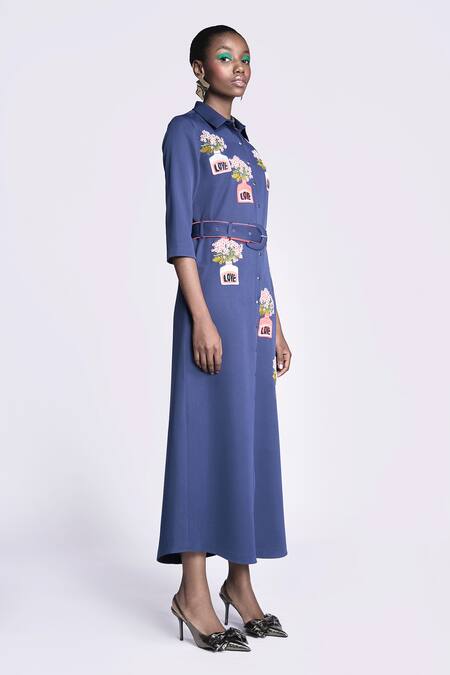 Buy Shahin Mannan Blue Crepe Embroidery Collared Inkpot Long Shirt Dress Online at Aza Fashions Buy_Shahin Mannan_Blue Crepe Embroidery Collared Inkpot Long Shirt Dress _Online_at_Aza_Fashions
