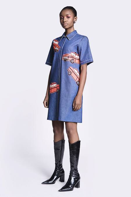 Shahin Mannan_Blue Denim Embroidery Collared Taxi Shift Dress _Online_at_Aza_Fashions