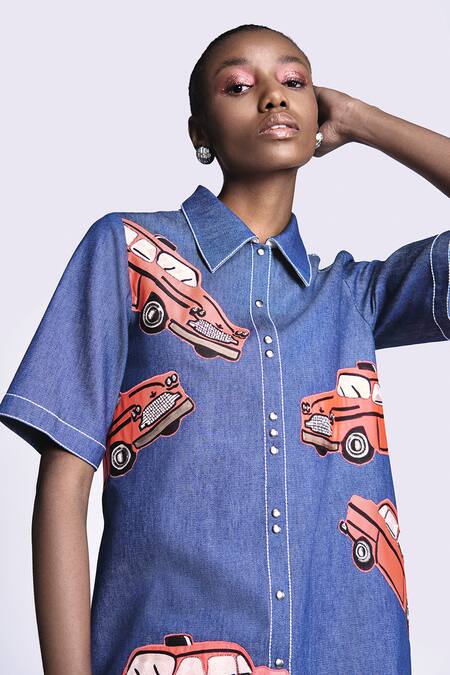 Shop_Shahin Mannan_Blue Denim Embroidery Collared Taxi Shift Dress _Online_at_Aza_Fashions
