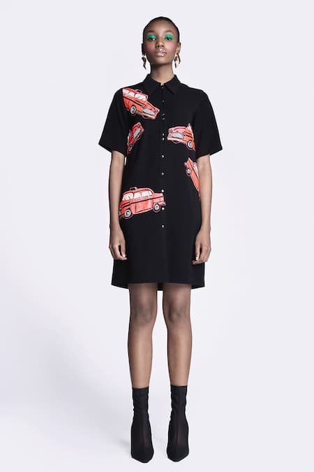 Shahin Mannan Black Crepe Embroidery Collared Taxi Dress Online at Aza Fashions Shahin Mannan_Black Crepe Embroidery Collared Taxi Dress _Online_at_Aza_Fashions