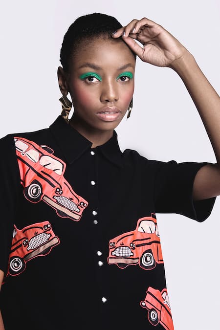 Shop Shahin Mannan Black Crepe Embroidery Collared Taxi Dress Online at Aza Fashions Shop_Shahin Mannan_Black Crepe Embroidery Collared Taxi Dress _Online_at_Aza_Fashions