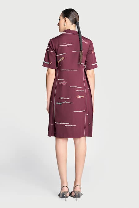 Shop Shahin Mannan Wine Crepe Embroidery Collared Fish And Prawn Panelled Dress at Aza Fashions Shop_Shahin Mannan_Wine Crepe Embroidery Collared Fish And Prawn Panelled Dress _at_Aza_Fashions