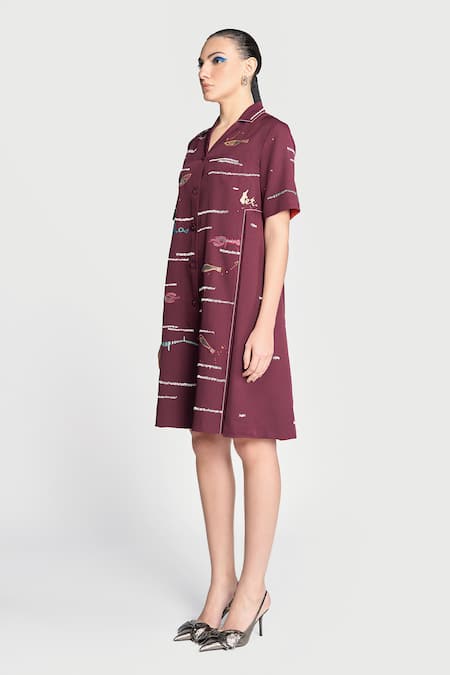 Shahin Mannan Wine Crepe Embroidery Collared Fish And Prawn Panelled Dress Online at Aza Fashions Shahin Mannan_Wine Crepe Embroidery Collared Fish And Prawn Panelled Dress _Online_at_Aza_Fashions