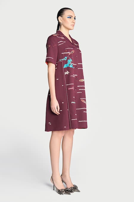 Buy Shahin Mannan Wine Crepe Embroidery Collared Fish And Prawn Panelled Dress Online at Aza Fashions Buy_Shahin Mannan_Wine Crepe Embroidery Collared Fish And Prawn Panelled Dress _Online_at_Aza_Fashions