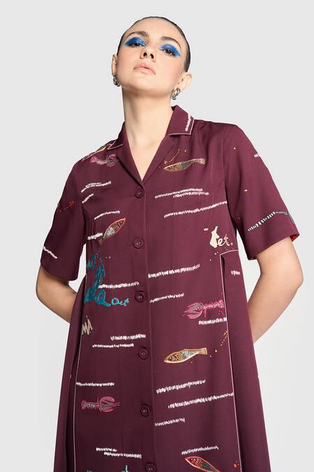 Shop Shahin Mannan Wine Crepe Embroidery Collared Fish And Prawn Panelled Dress Online at Aza Fashions Shop_Shahin Mannan_Wine Crepe Embroidery Collared Fish And Prawn Panelled Dress _Online_at_Aza_Fashions